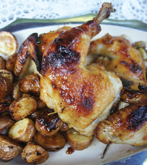Sheet Pan Apricot Dijon Chicken with Brussels Sprouts and Potatoes